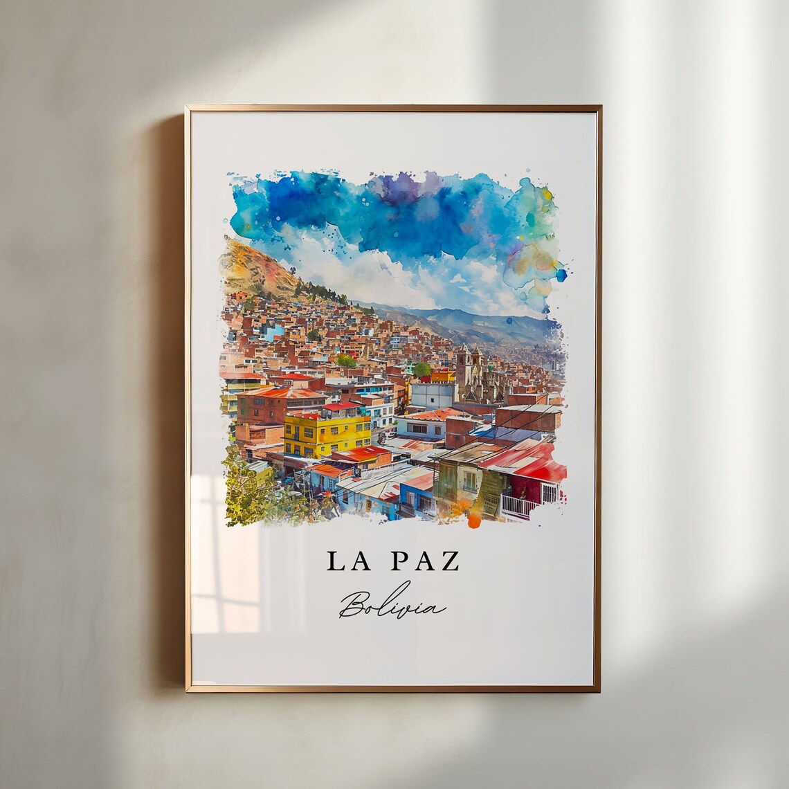 La Paz Bolivia Hillside City Aerial Colorful Homes Watercolor Poster