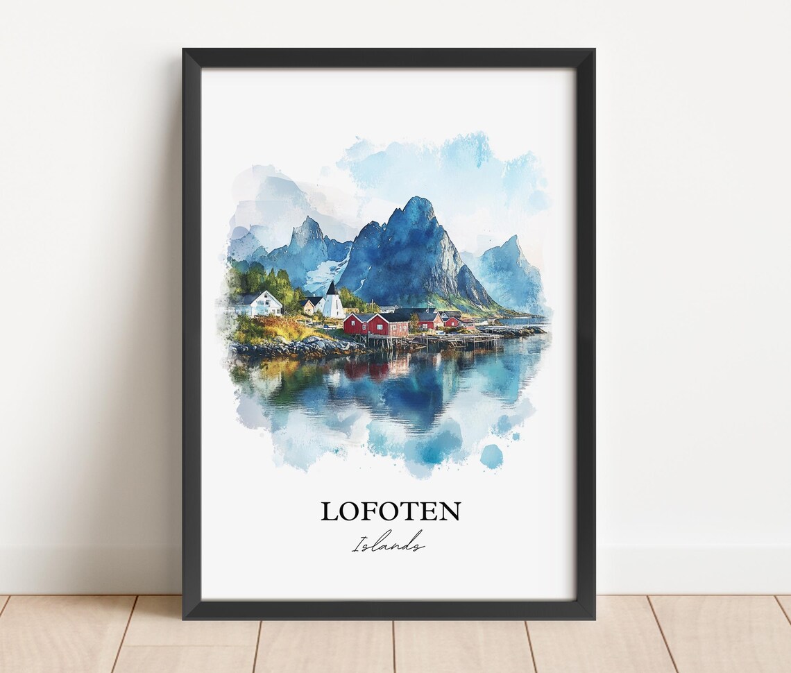 Lofoten Islands Norway Watercolor Red Cabins Scenic View Poster - Image 4