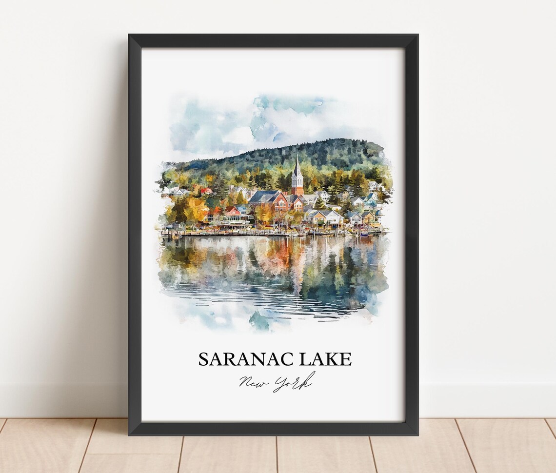 Saranac Lake New York Lakeside Village Watercolor Travel Gift Poster - Image 2