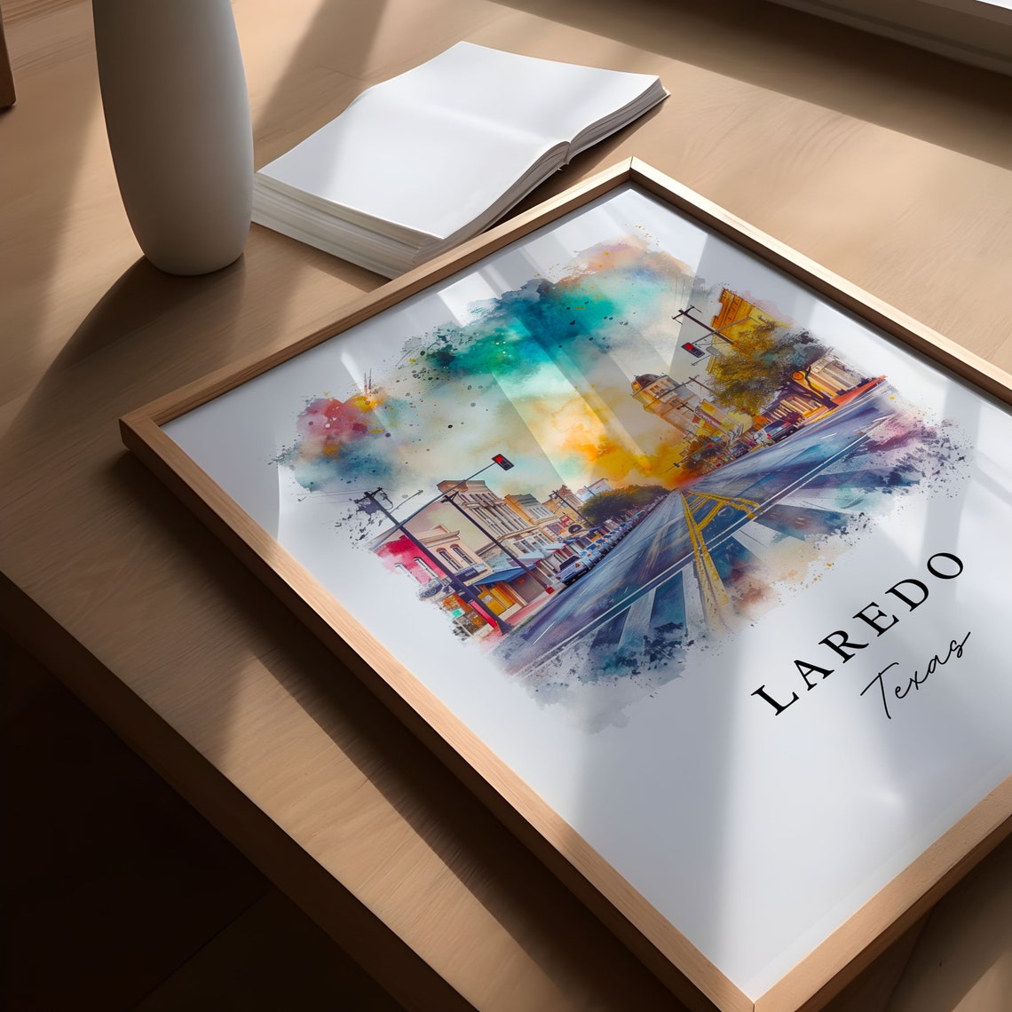 Laredo Texas Golden Downtown Street Clock Tower Watercolor Poster - Image 4