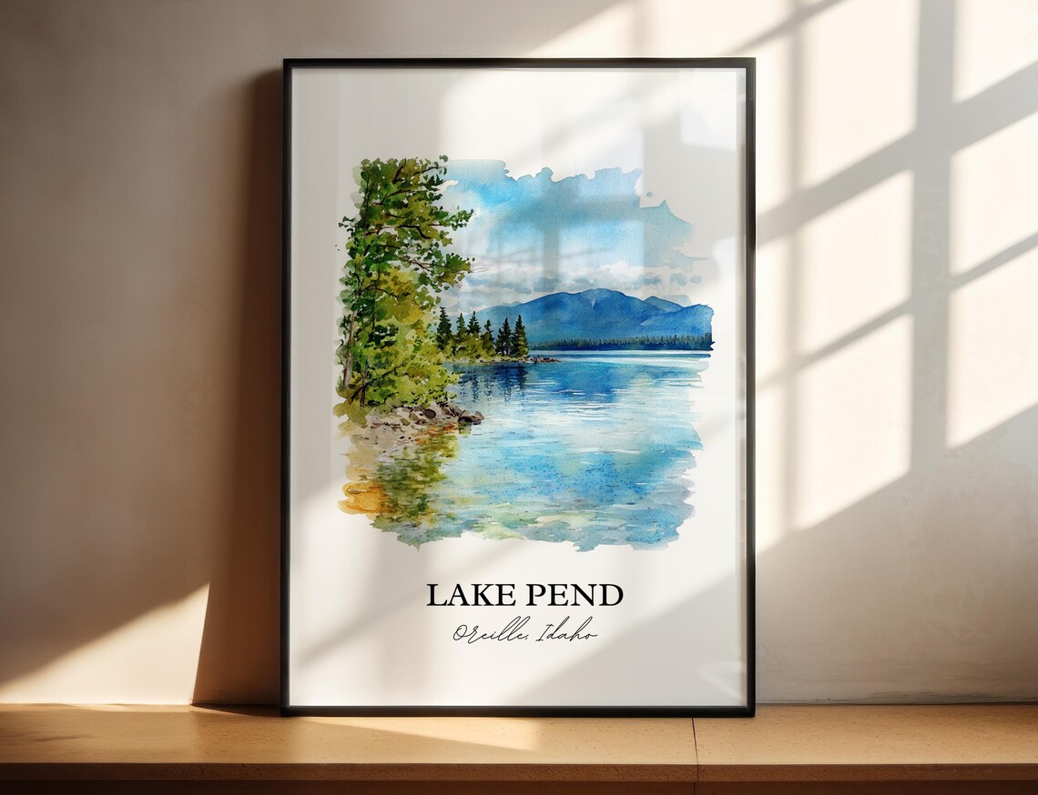 Lake Pend Oreille Idaho Evergreen Shore Watercolor Travel Poster