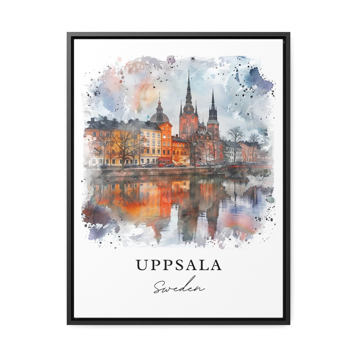 Uppsala Sweden Cathedral Riverside Watercolor City Reflection Poster - Image 3