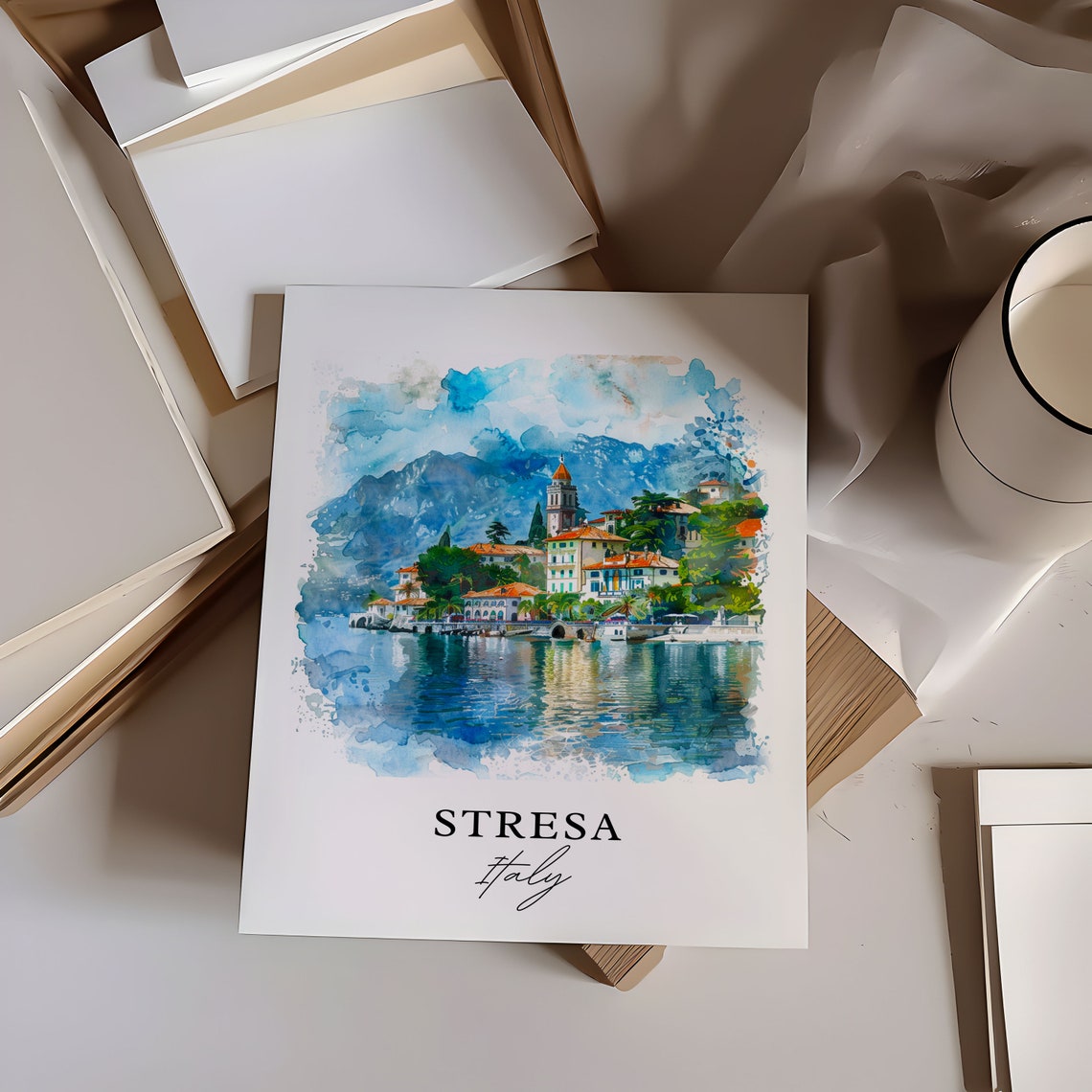 Stresa Italy Lake Maggiore Hillside Town Watercolor Travel Poster - Image 6