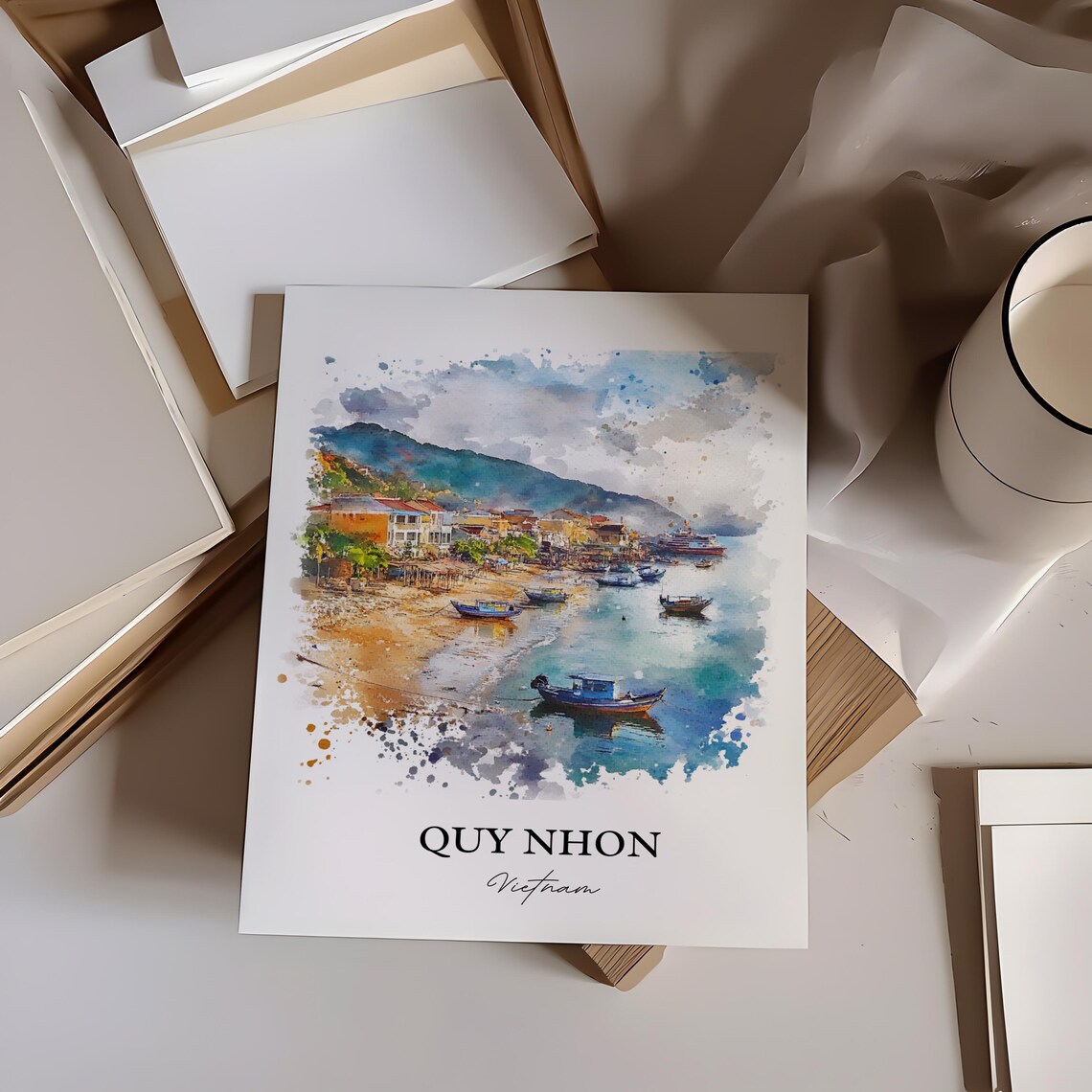Quy Nhon Vietnam Watercolor Art Fishing Boats Sandy Beach Poster - Image 2