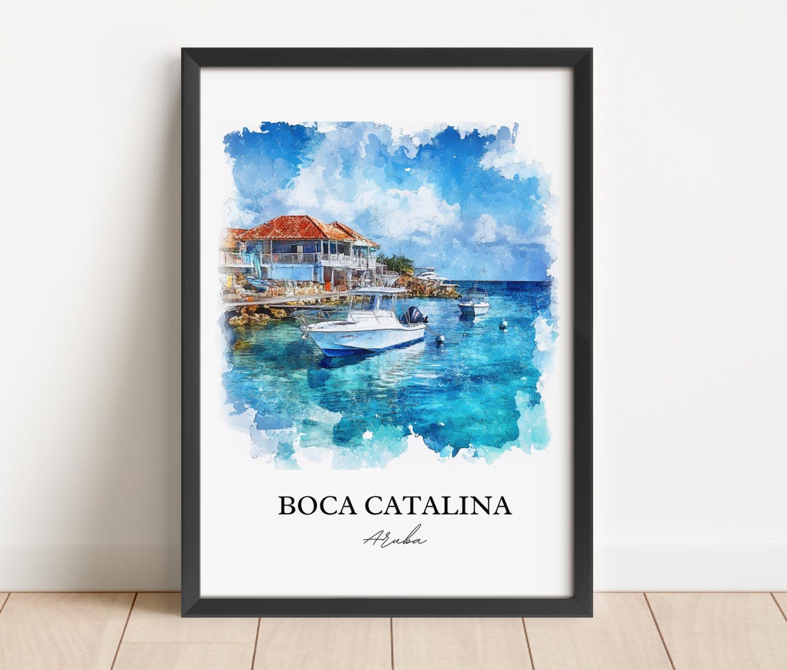 Boca Catalina Aruba Watercolor Beach House Boats Cove Poster - Image 2