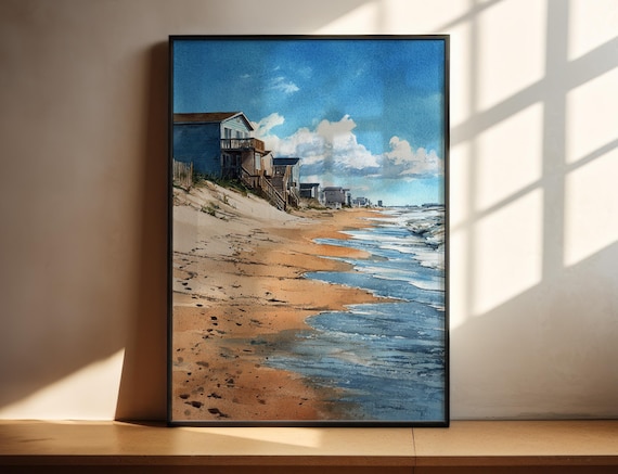 Ocean City Maryland Beach Cottages Waves Watercolor Travel Poster