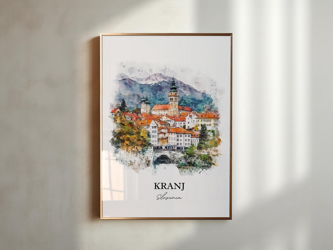 Kranj Slovenia Watercolor Old Town Church Towers Skyline Poster - Image 3