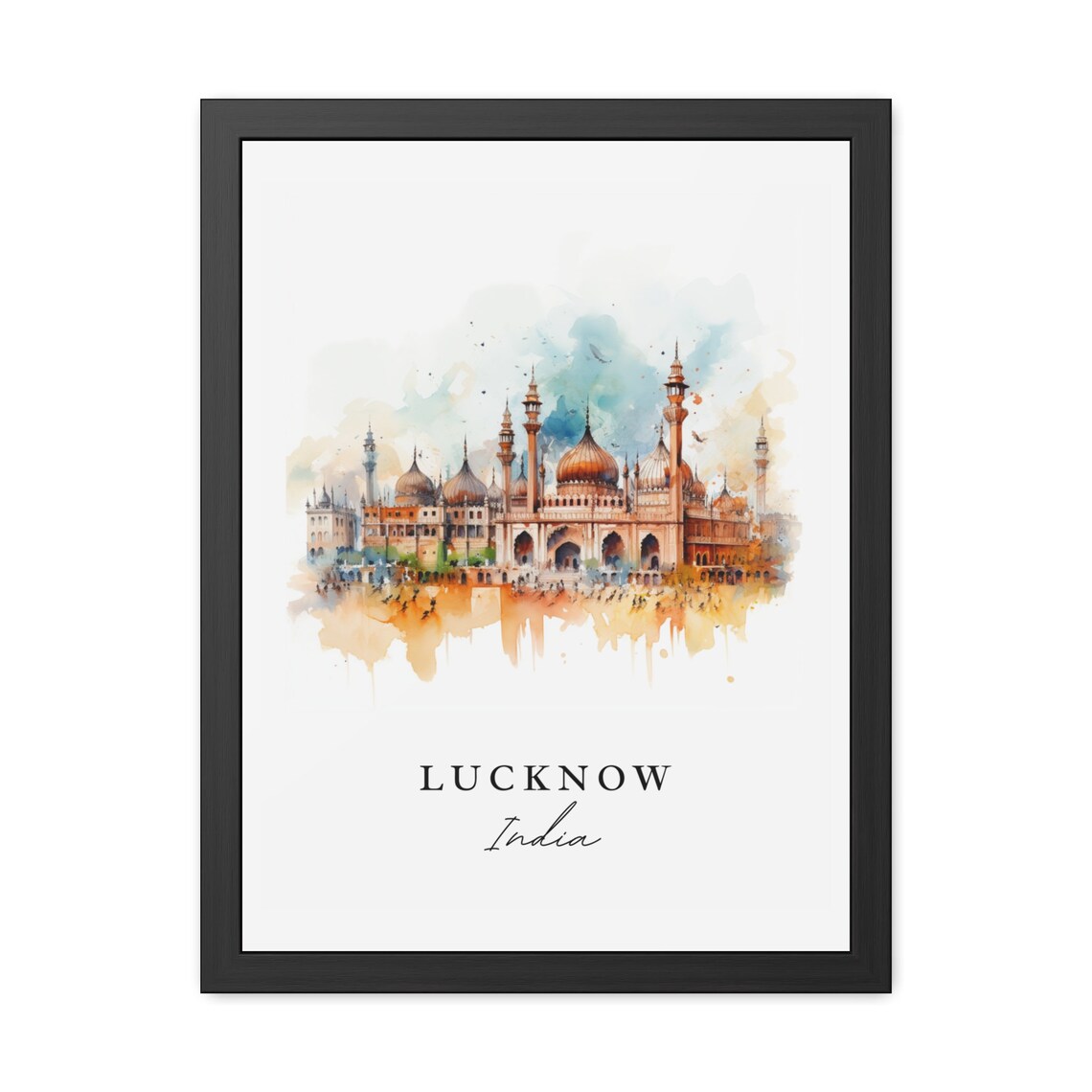 Lucknow India Watercolor Historic Grand Mosque Skyline Travel Poster