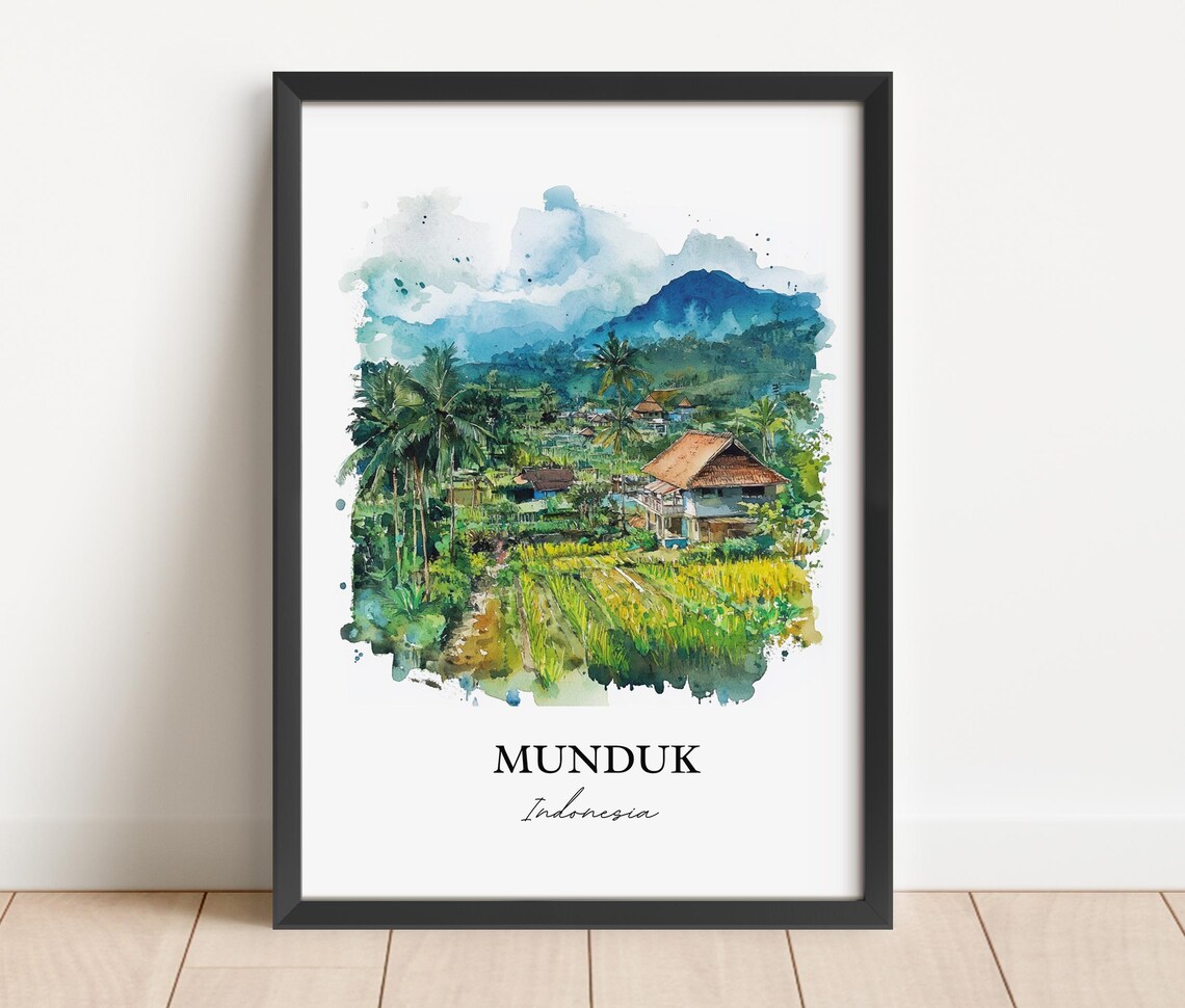 Munduk Indonesia Watercolor Rice Terrace Jungle Mountain Poster - Image 2