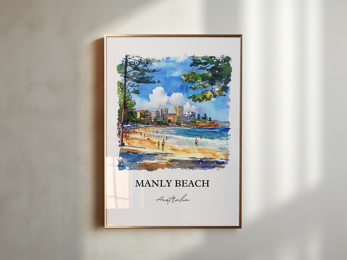 Manly Beach Australia Surf Sand Norfolk Pines Watercolor Travel Poster - Image 2