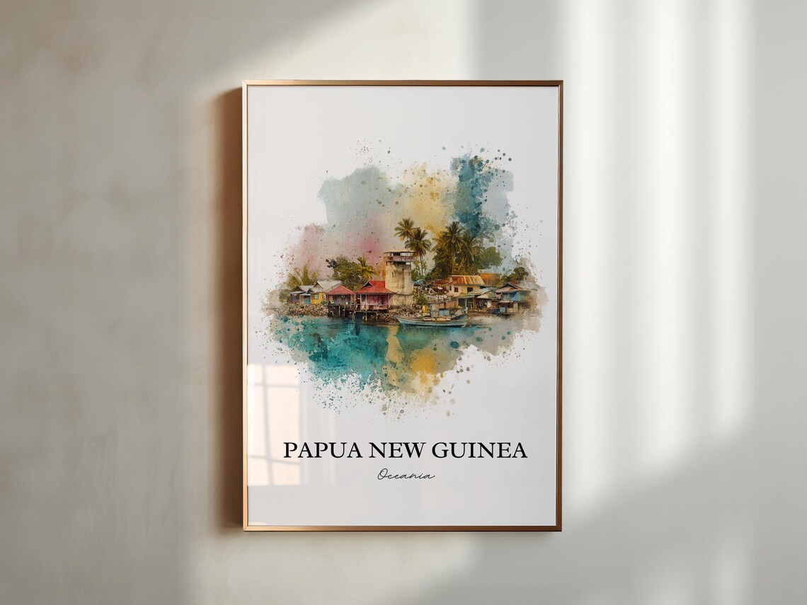 Papua New Guinea Oceania Coastal Village Watercolor Art Poster - Image 6