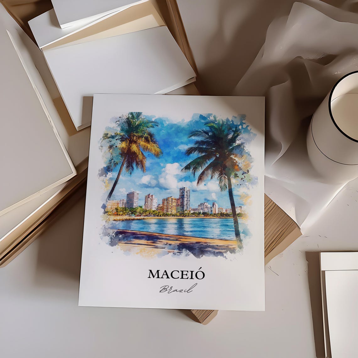 Maceio Brazil Beachfront Palm Trees Watercolor Travel Wall Art - Image 3