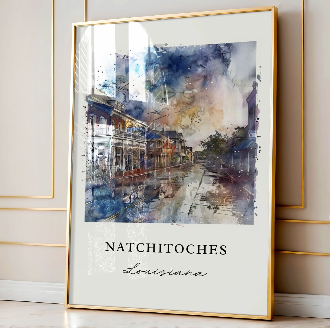 Natchitoches Louisiana Watercolor Rainy Historic Street Scene Poster - Image 4