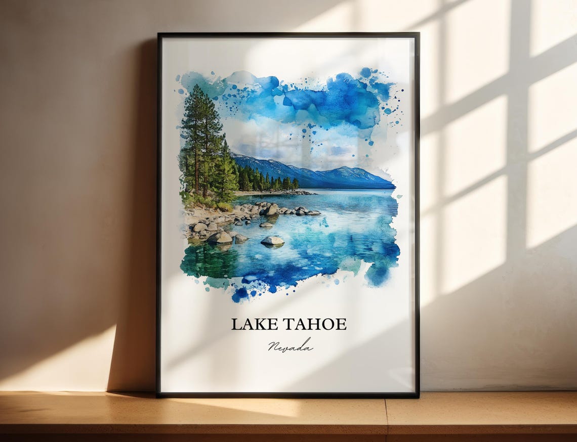 Lake Tahoe Nevada Rocky Shoreline Alpine Lake Watercolor Poster