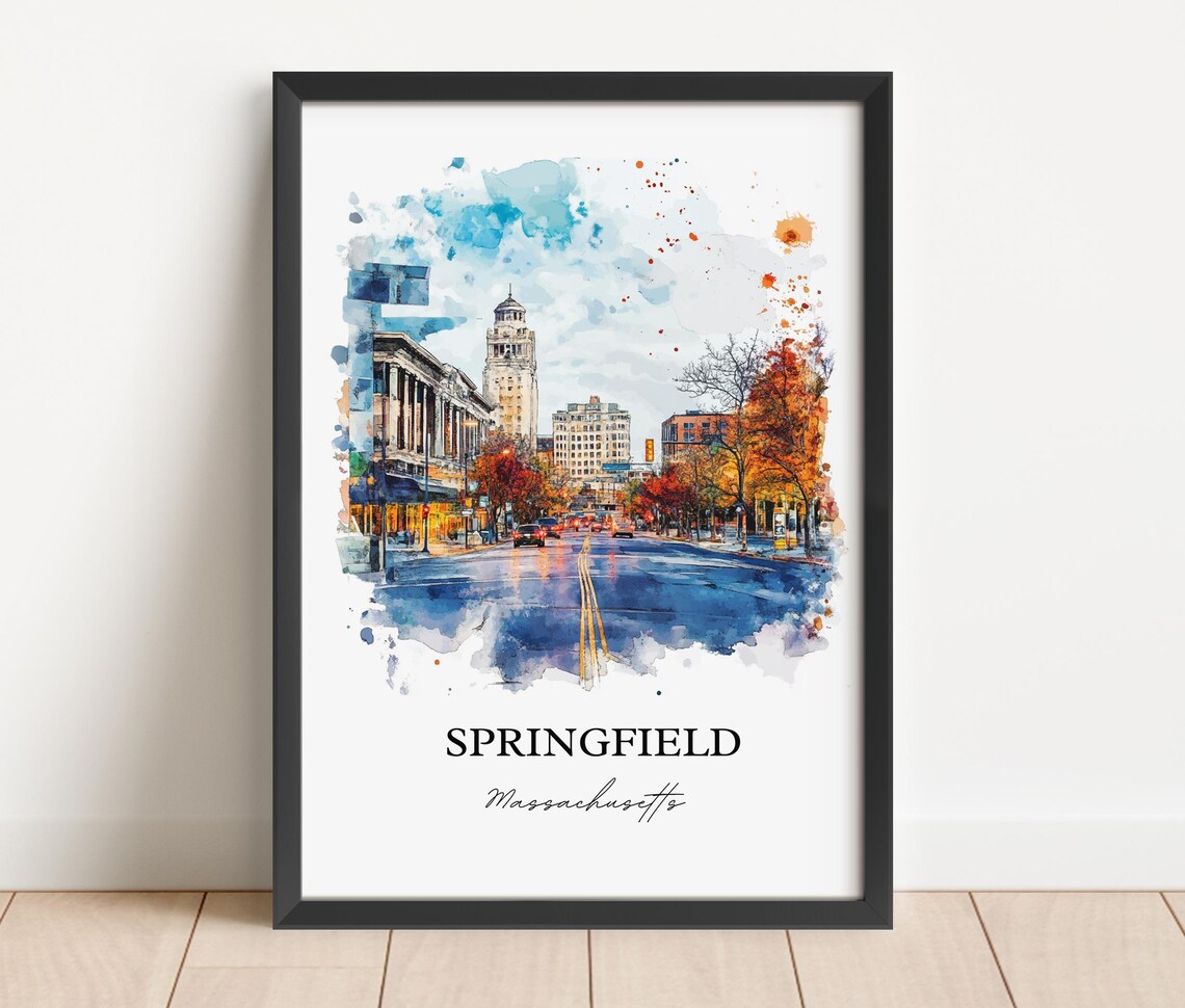 Springfield Massachusetts Watercolor Downtown Fall Scene Art Poster - Image 4