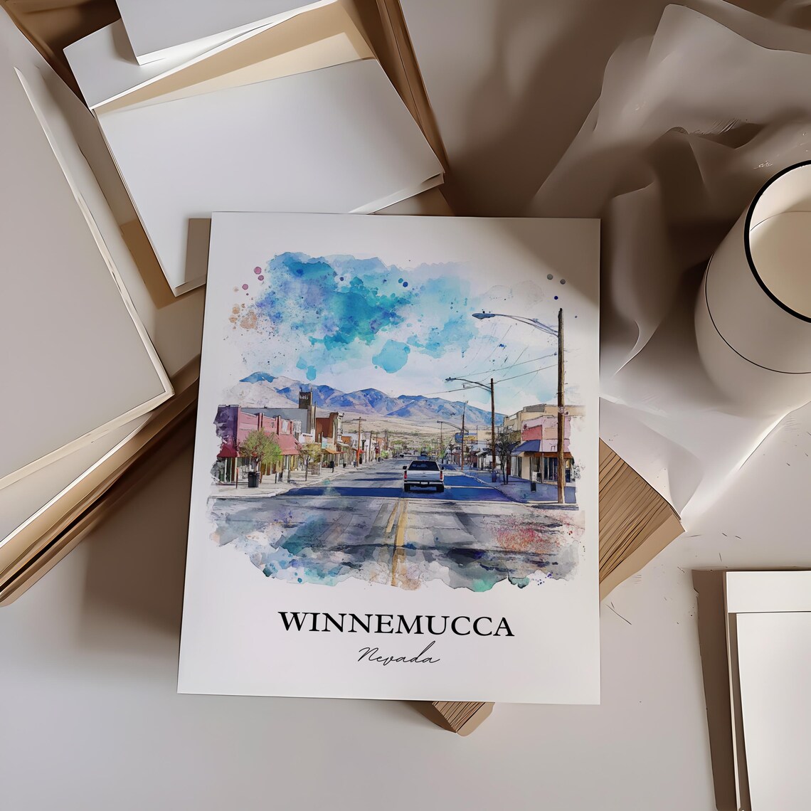Winnemucca Nevada Main Street Mountain Watercolor Travel Poster - Image 3