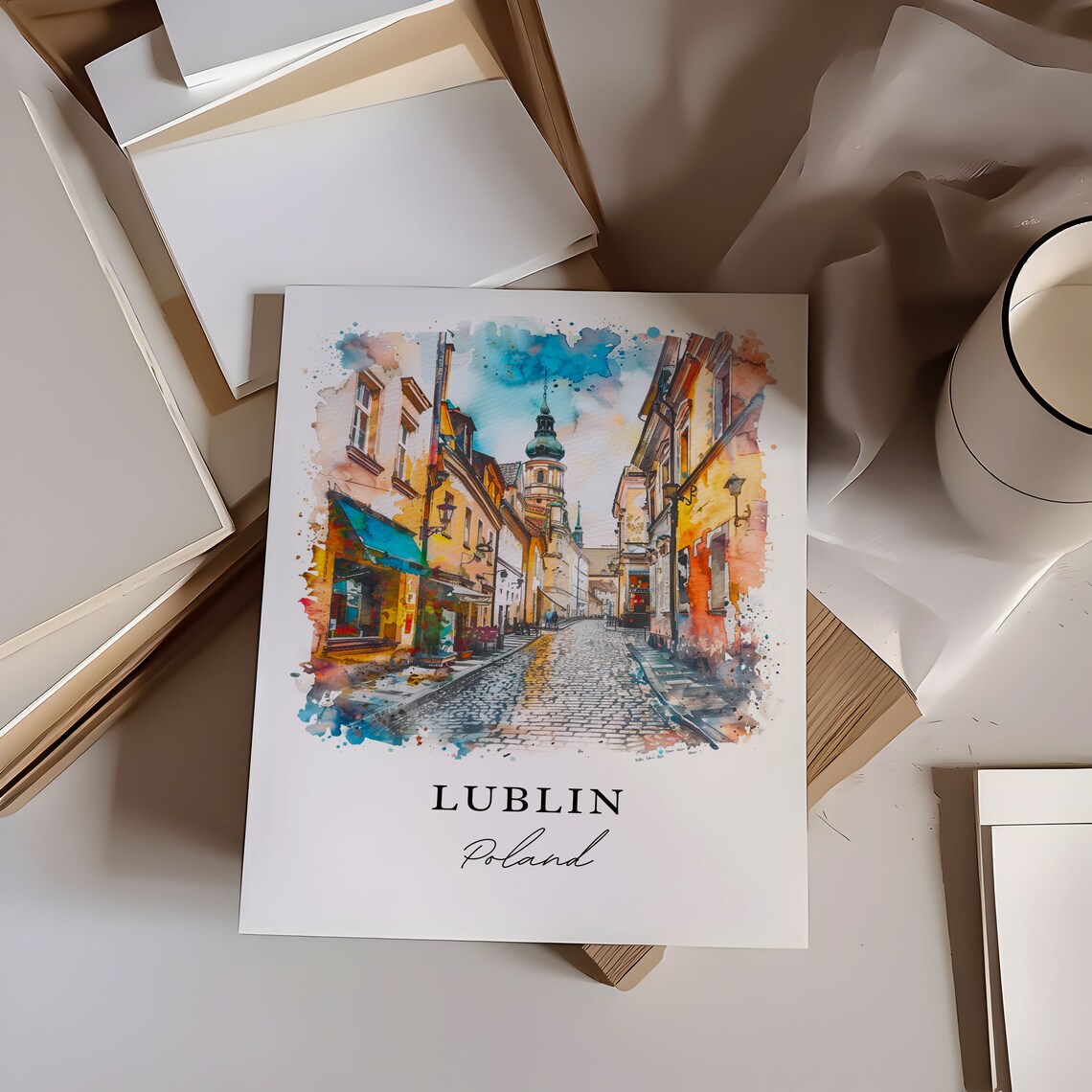Lublin Poland Old Town Cobblestone Street Watercolor Travel Poster - Image 6