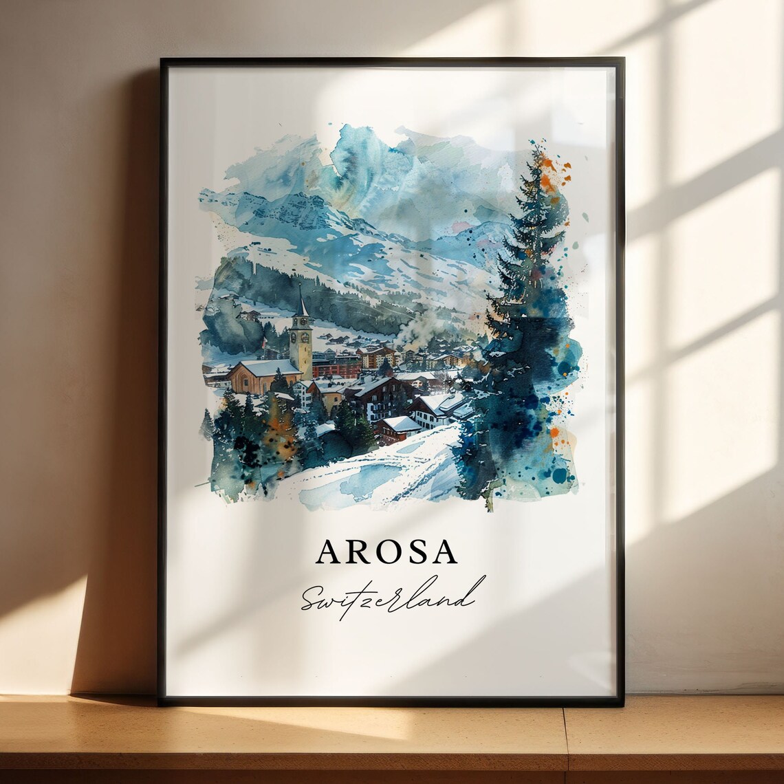 Arosa Switzerland Watercolor Alpine Ski Village Snowy Peaks Poster
