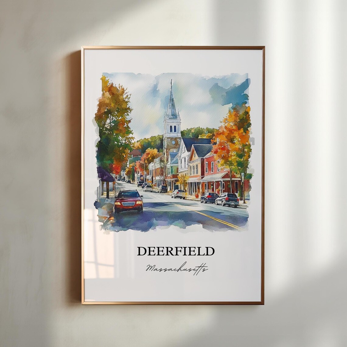 Deerfield Massachusetts Watercolor Fall Church Street Art Poster