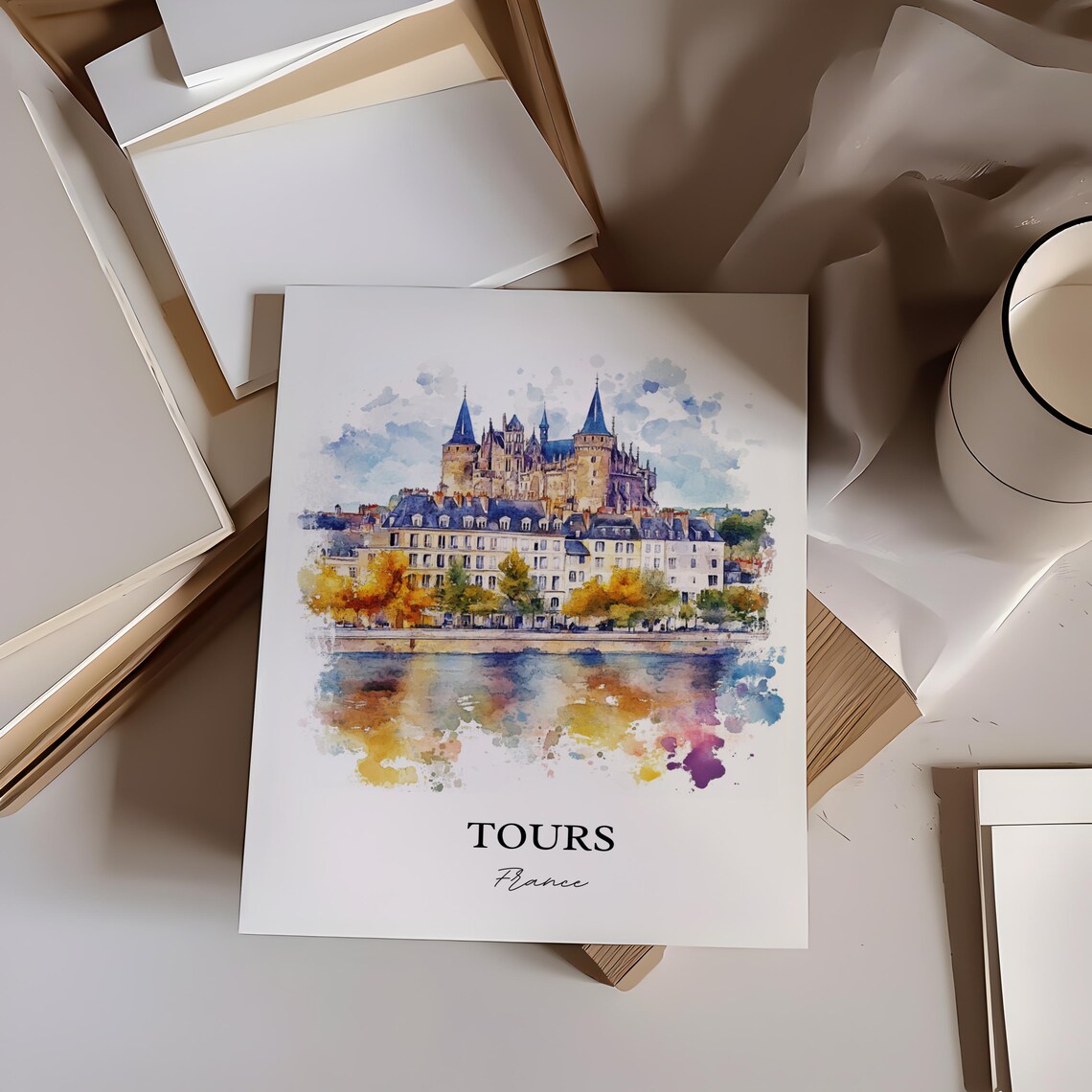 Tours France Riverside Basilica Reflection Watercolor Travel Poster - Image 5