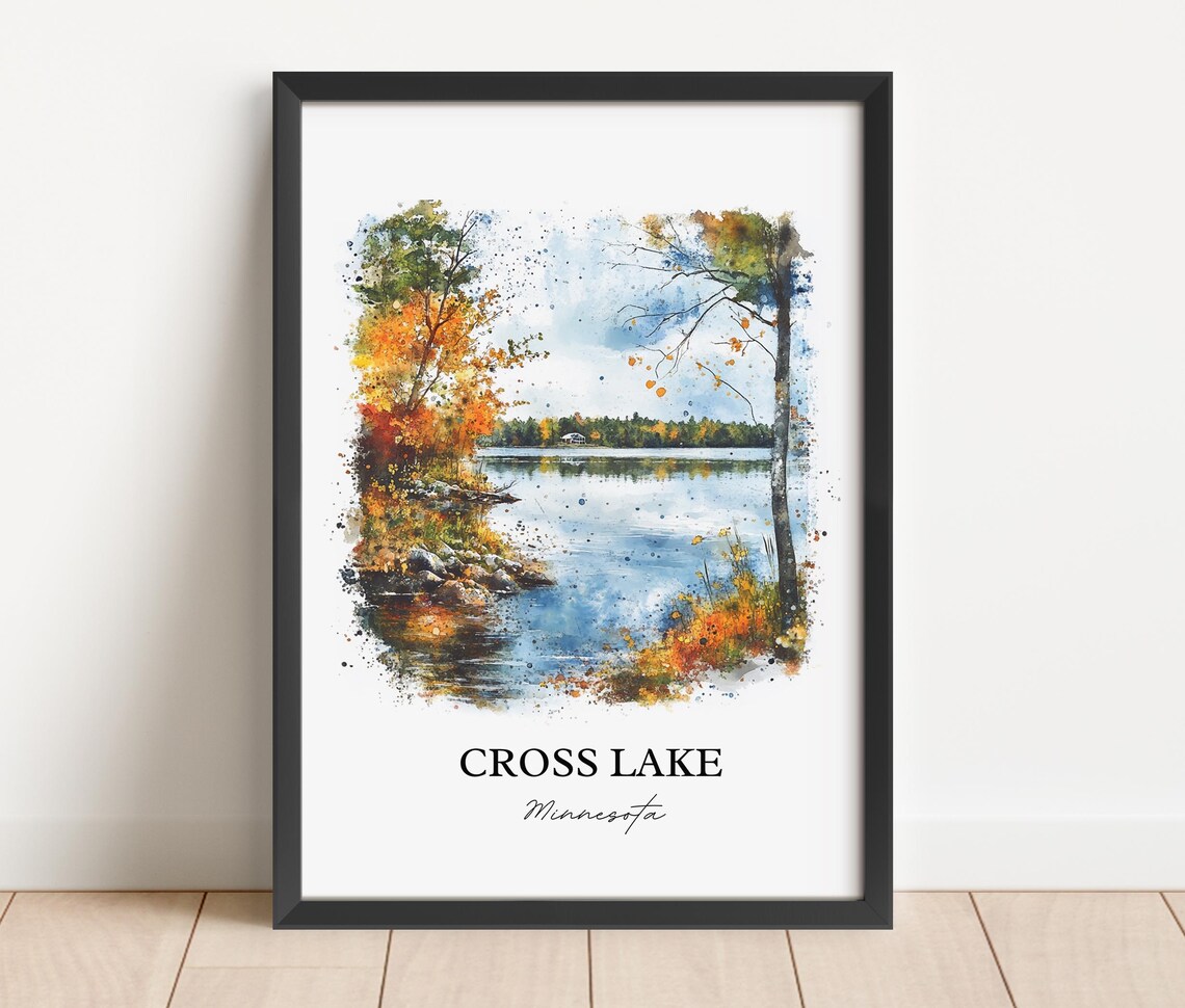 Cross Lake Minnesota Autumn Shoreline Cabin View Watercolor Poster - Image 2