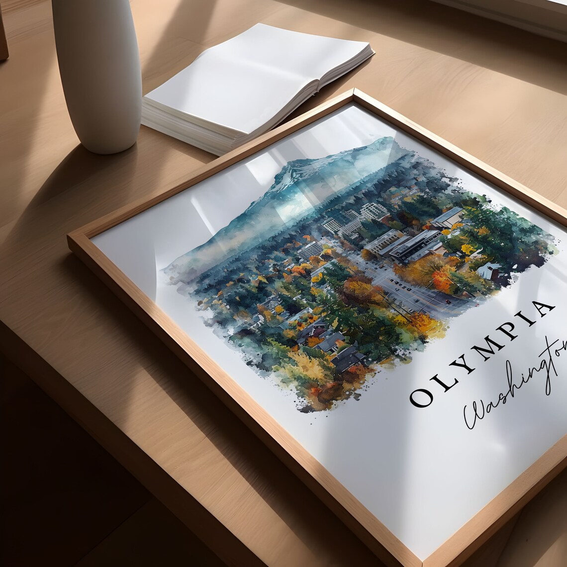 Olympia Washington Watercolor City Mountain Peak Evergreen View Poster - Image 5