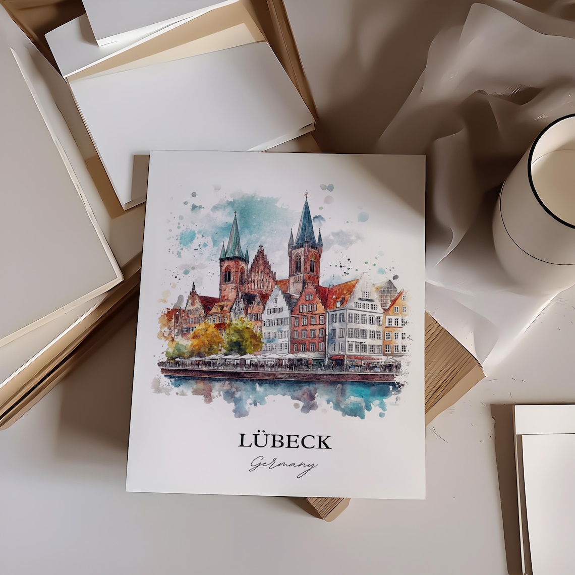Lubeck Germany Harbor Church Spires Watercolor Travel Poster - Image 3