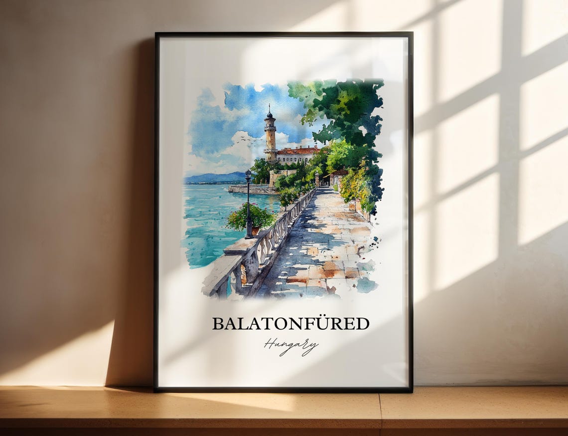 Balatonfured Hungary Watercolor Lake Promenade Balaton Shore Poster