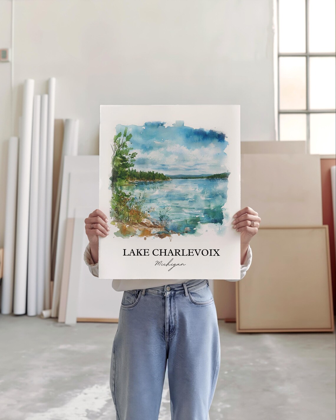 Lake Charlevoix Michigan Tranquil Lakeshore Watercolor Poster - Image 3