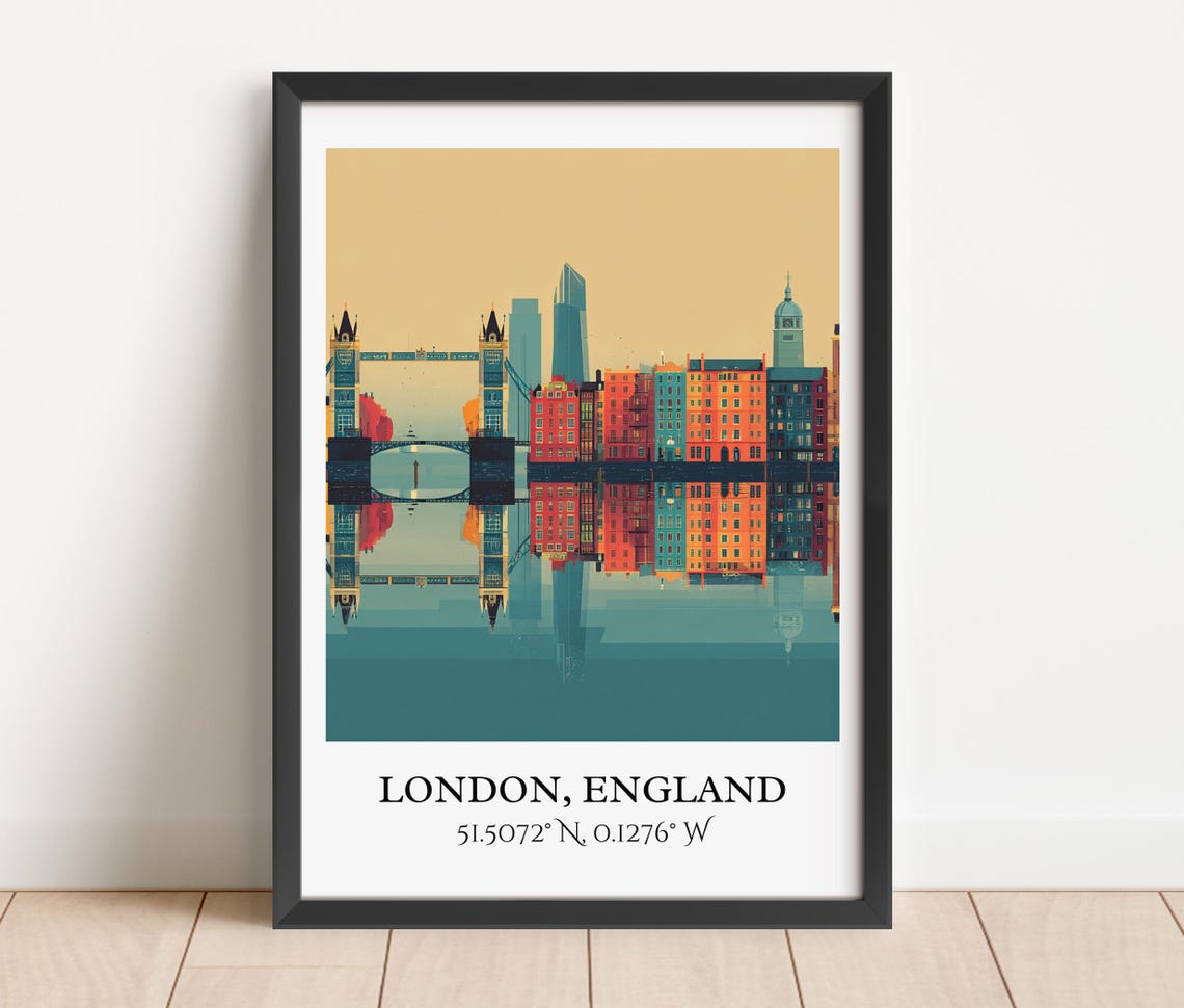 London England Tower Bridge Reflection Teal Vintage Style Art Poster - Image 3