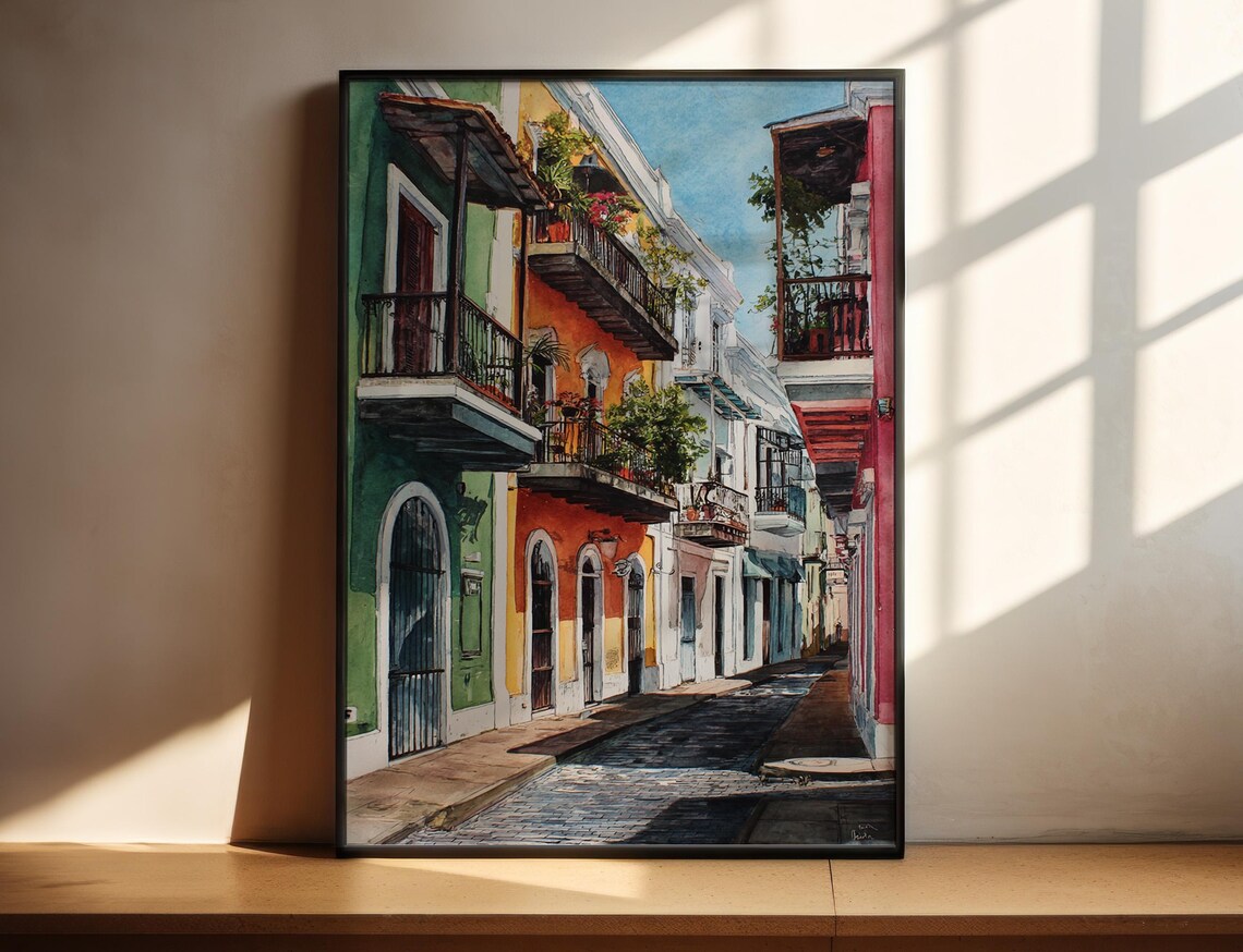 Puerto Rico Colorful Colonial Street Old Town Watercolor Travel Poster