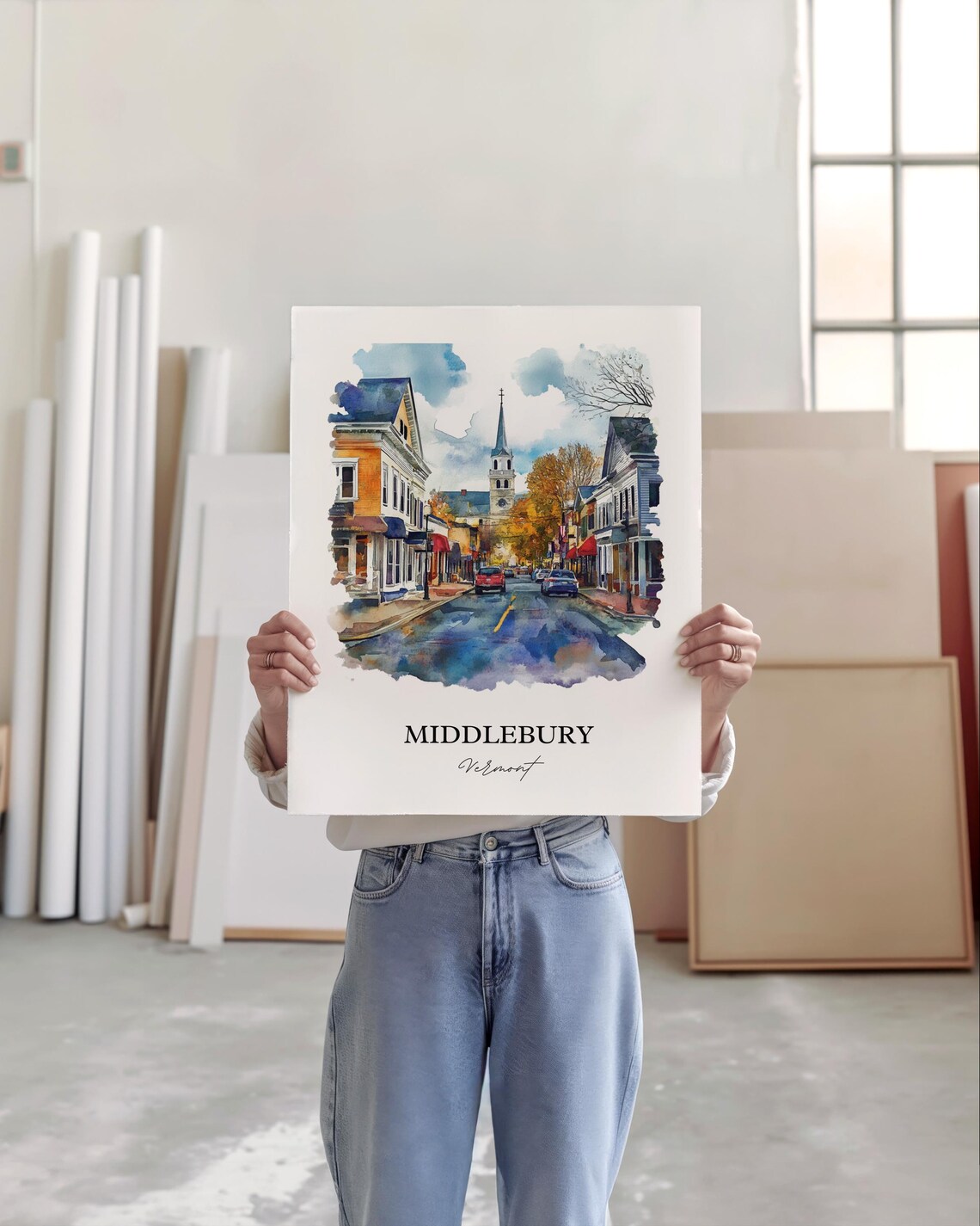 Middlebury Vermont College Town Autumn Main Street Watercolor Poster - Image 2