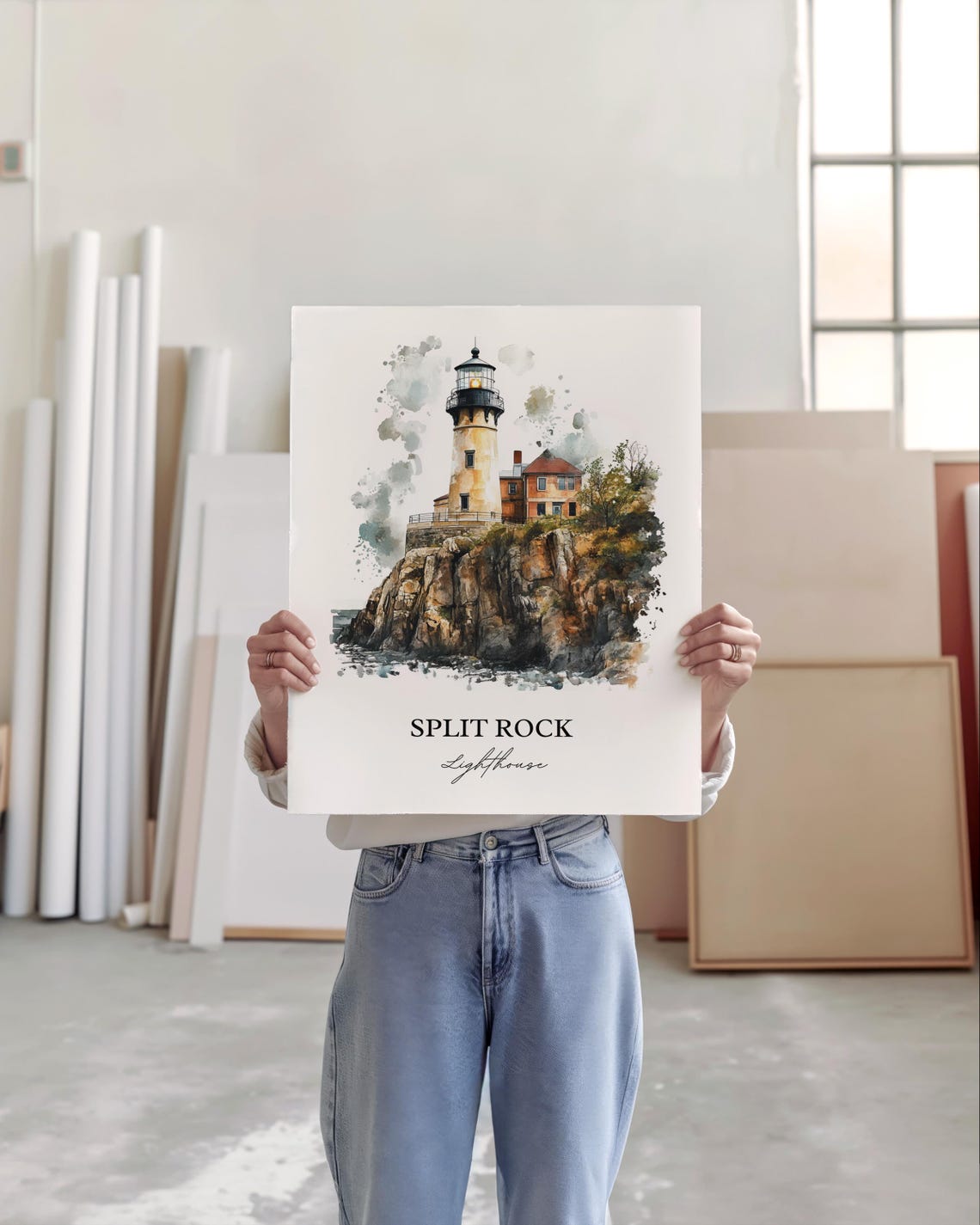 Split Rock Lighthouse Cliff Lake Superior Watercolor Art Poster - Image 2