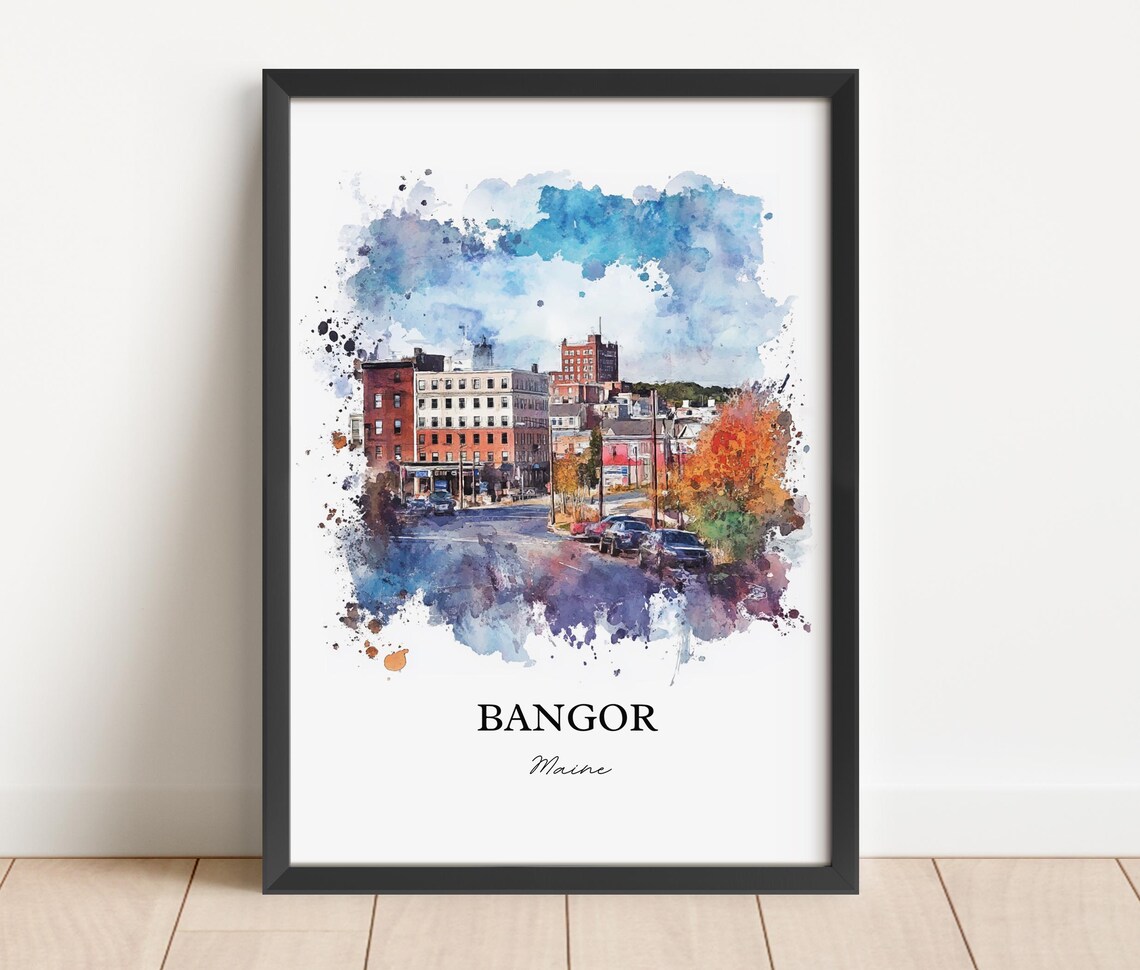 Bangor Maine Historic Downtown Street Autumn Watercolor City Poster - Image 5