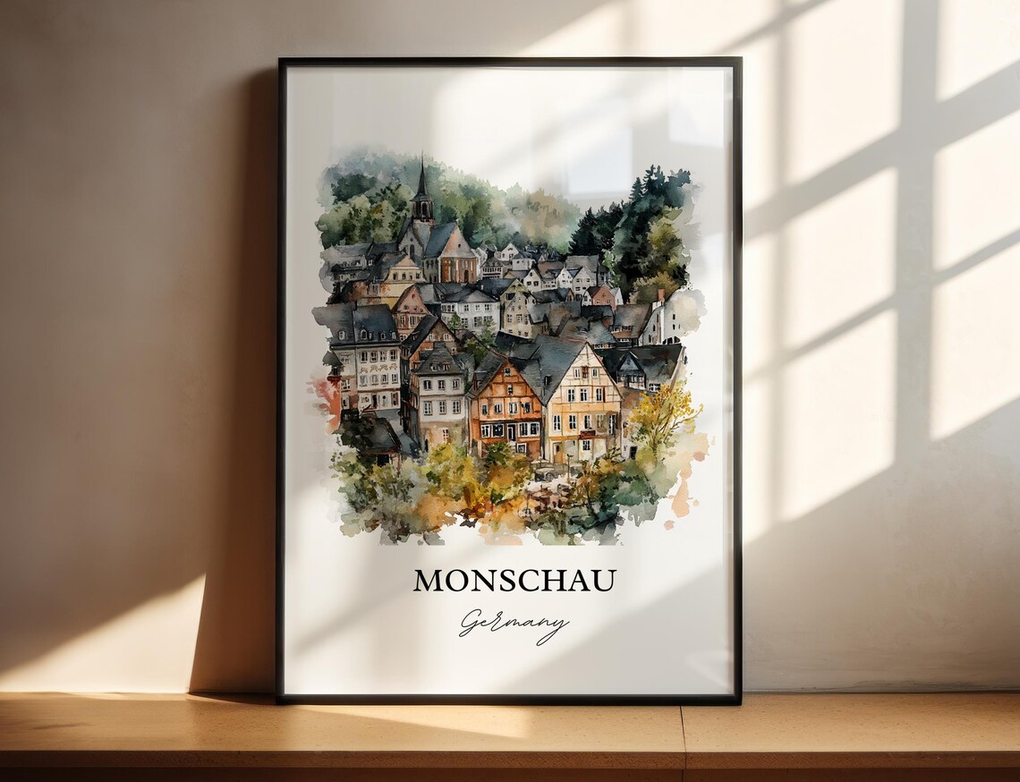 Monschau Germany Watercolor Half Timbered Village Church Hill Poster