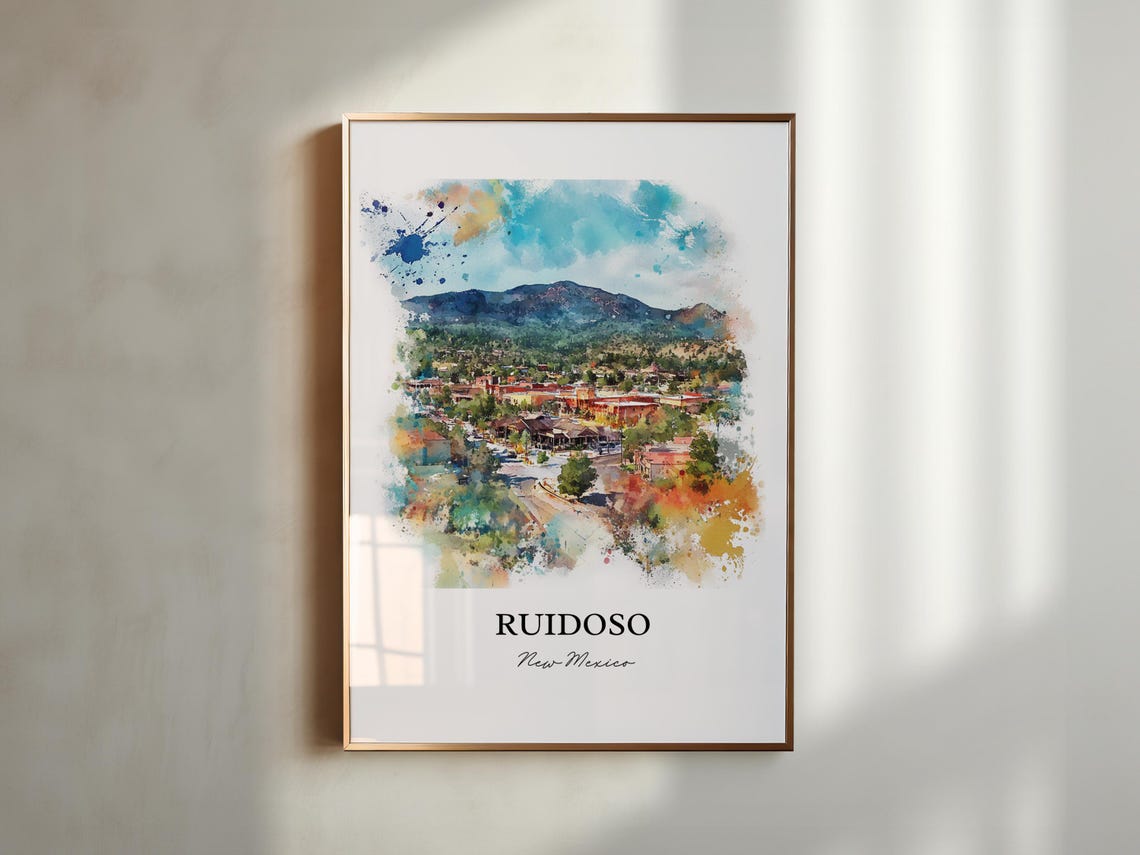 Ruidoso New Mexico Watercolor Mountain Town Valley Scene Poster - Image 2
