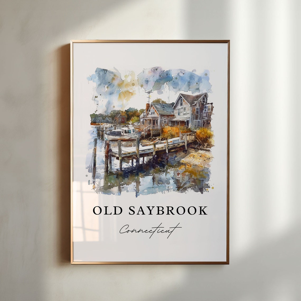 Old Saybrook Connecticut Harbor Dock Boats Watercolor Travel Poster