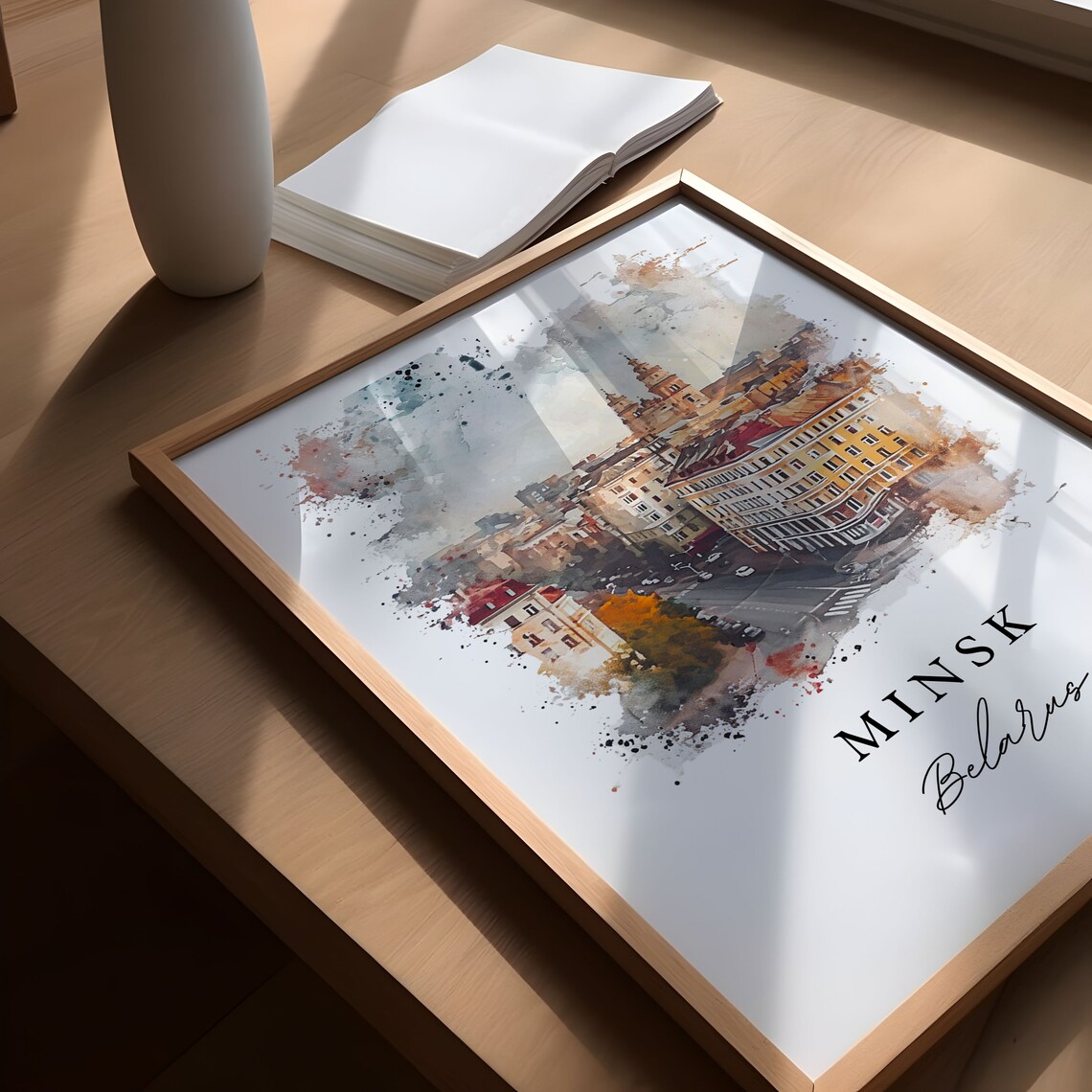 Minsk Belarus Historic City Skyline Streetscape Watercolor Poster - Image 5