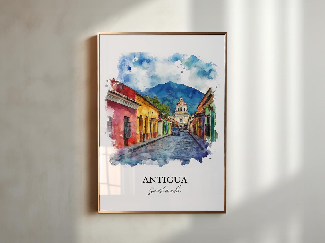Antigua Guatemala Colonial Street Agua Volcano Watercolor Poster - Image 3