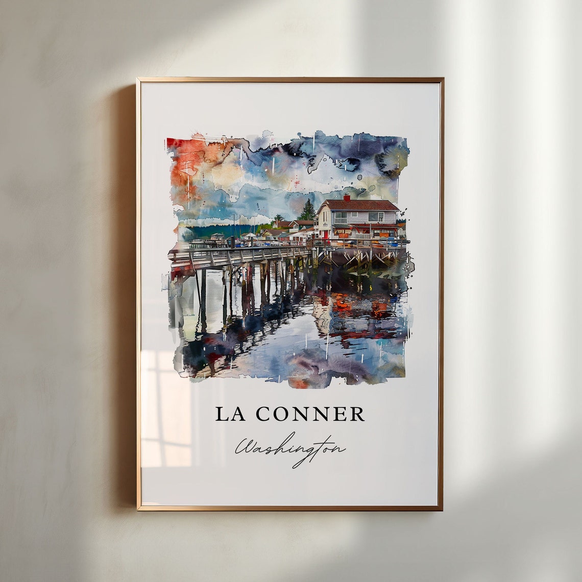 La Conner Washington Waterfront Pier Harbor Watercolor Poster