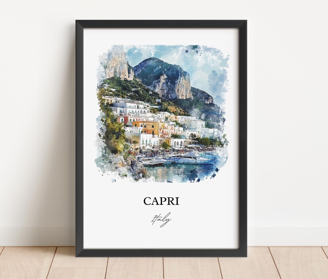 Capri Italy Island Harbor Marina Cliffs Watercolor Travel Poster - Image 4