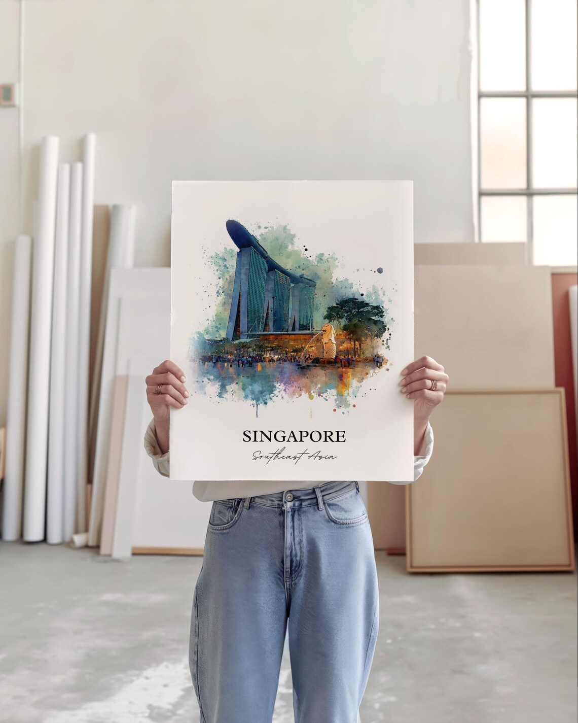 Singapore Watercolor Art Iconic Marina Bay Merlion Skyline Poster - Image 5
