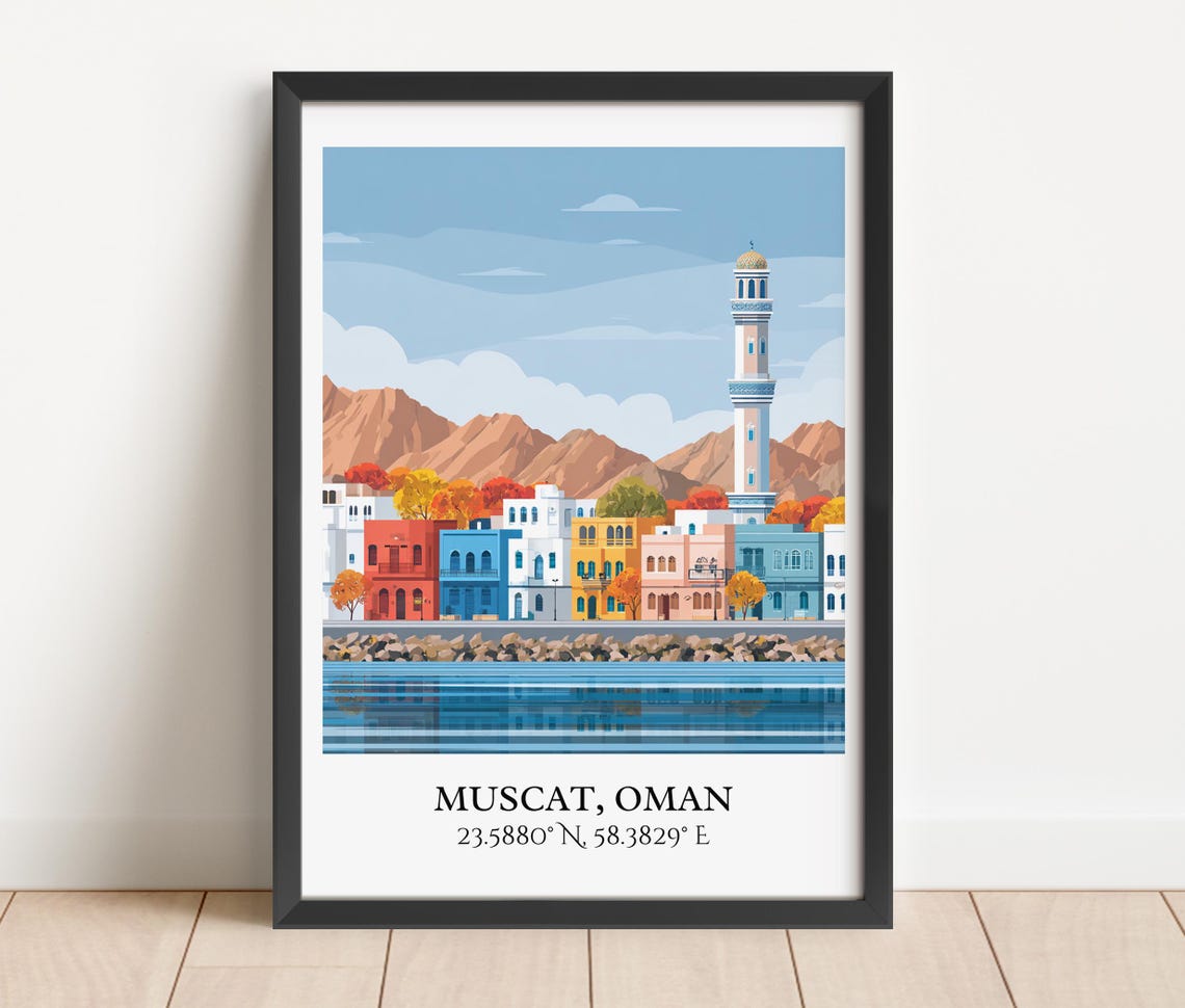 Muscat Oman Waterfront Corniche Minaret Mountain Travel Poster - Image 5
