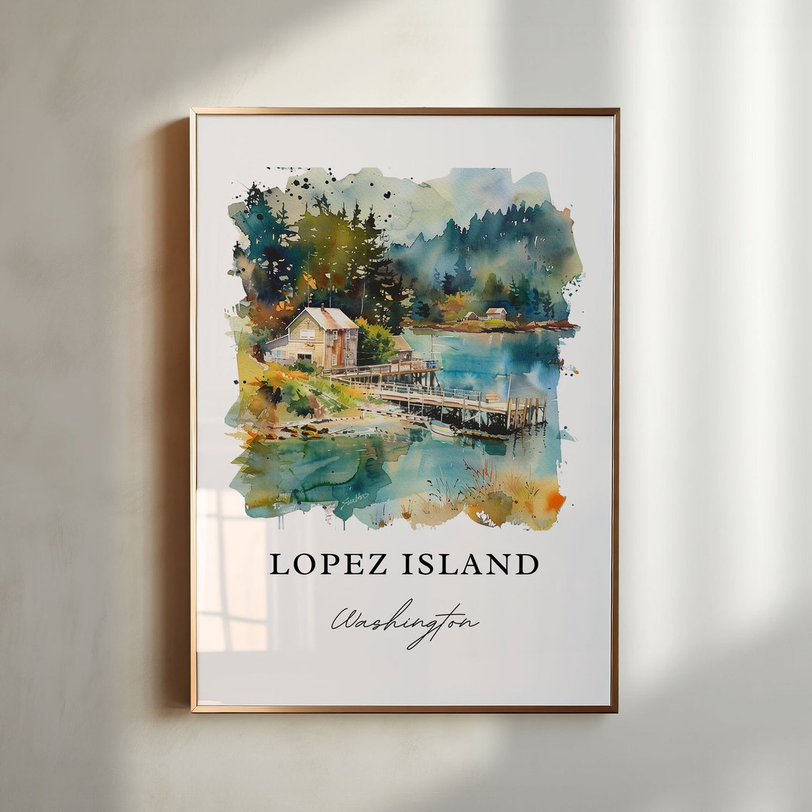 Lopez Island Washington Waterfront Cabin Watercolor Island Poster