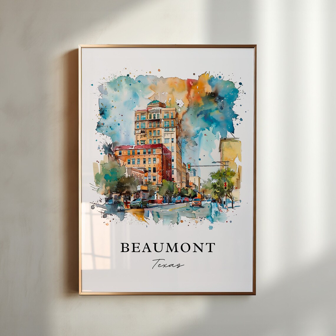 Beaumont Texas Downtown Street Watercolor Historic City Travel Poster