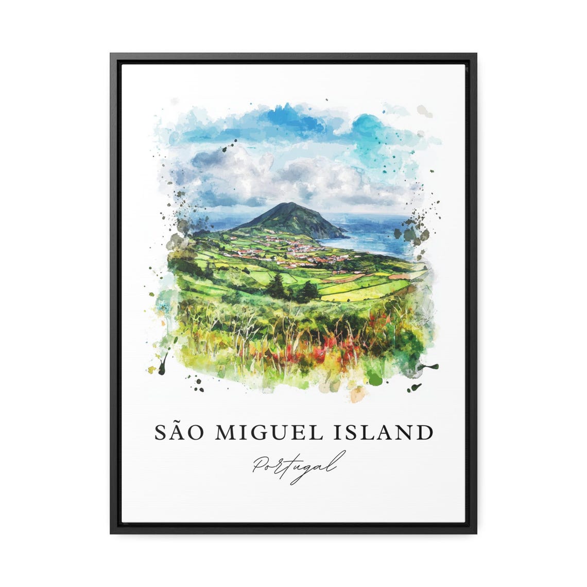 Sao Miguel Island Portugal Watercolor Green Hills Coast Poster - Image 3