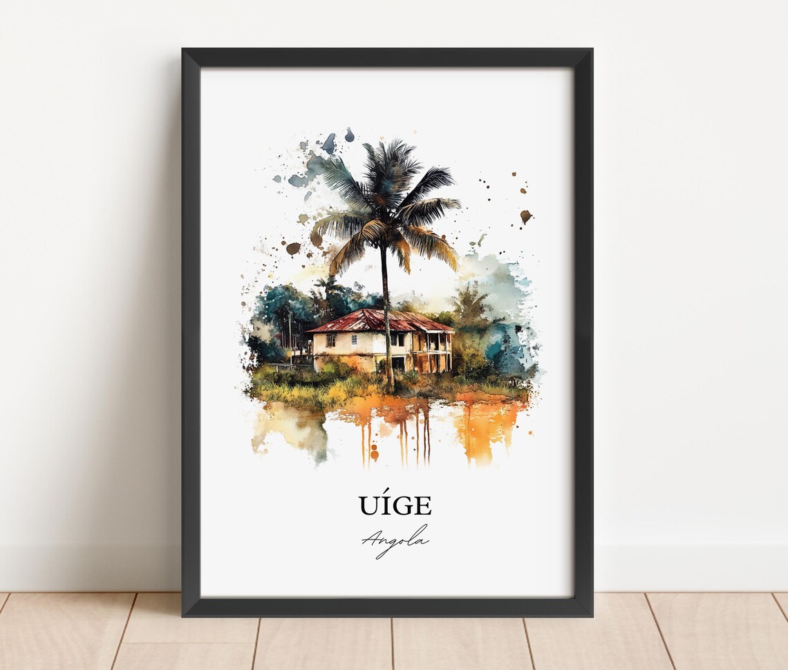 Uige Angola Tropical House Palm Tree Watercolor Travel Poster - Image 3