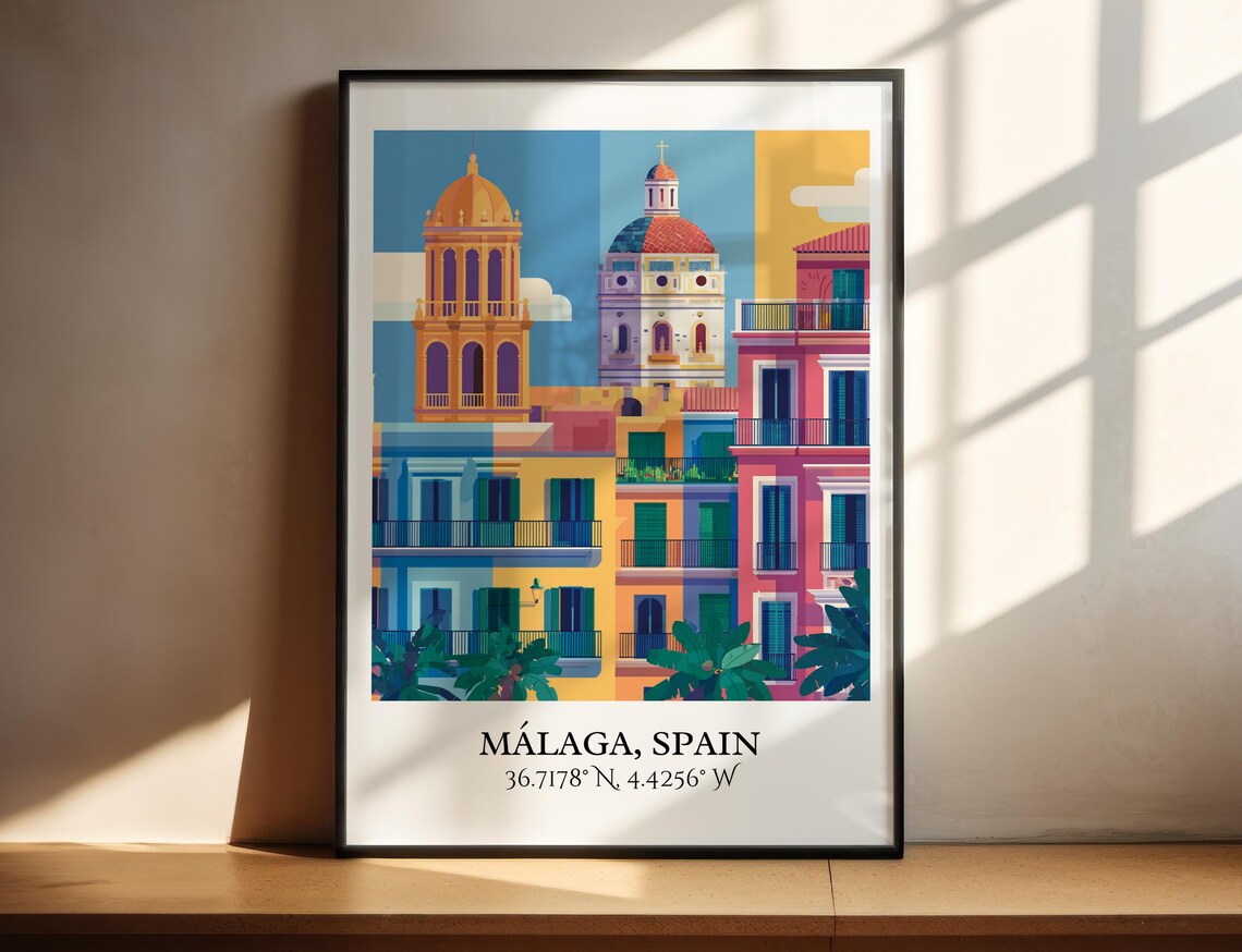 Malaga Spain Cathedral Towers Colorful Old Town Travel Poster - Image 2