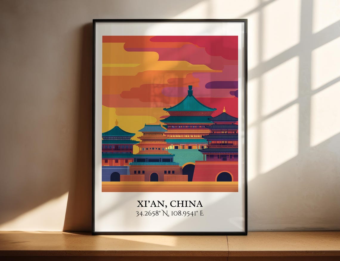 Xi An China Colorful Temple Sunset Skyline Coordinates Travel Poster