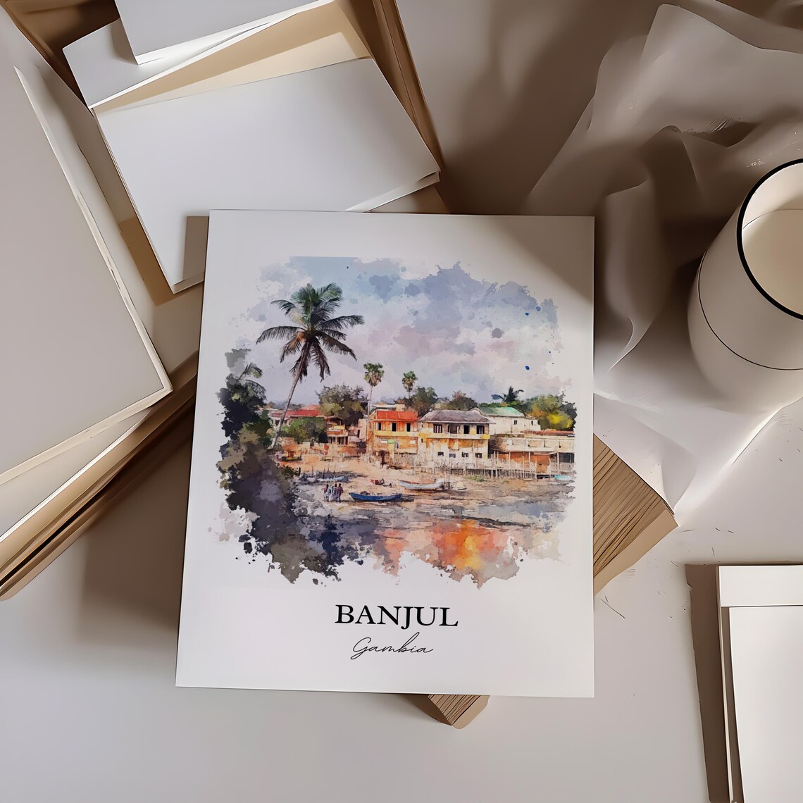 Banjul Gambia Fishing Boats Palm Beach Watercolor Travel Poster - Image 4